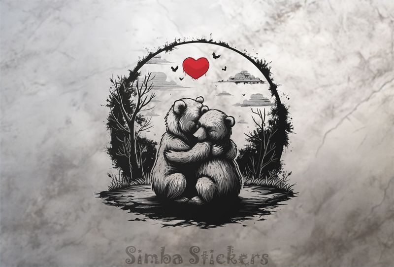 Bears in loving embrace with Valentine heart above, outline art, tnjxjy