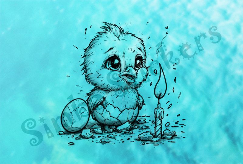 Chick singing by birthday candle, beside small egg, outline art