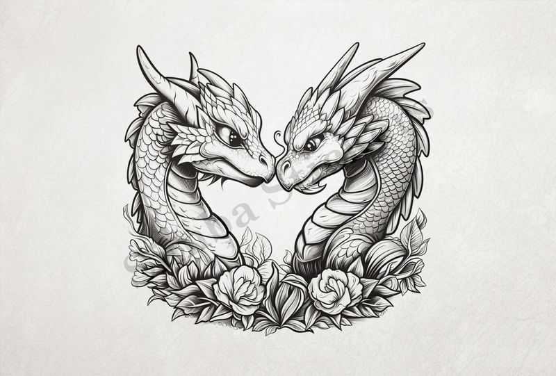 Baby dragons nose-to-nose in love,  wrapped in flowers, outline art