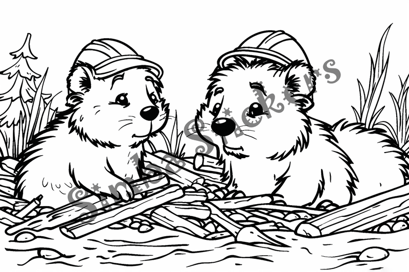 Colouring pages, bundle of beavers building in hard hat, 10 images