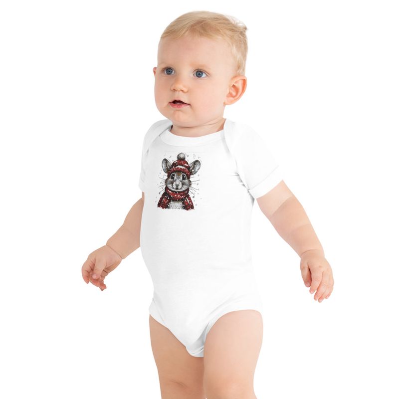Embroidered Baby Short Sleeve One Piece, Mouse wearing red winter hat and scarf in the snow, xg8dl3