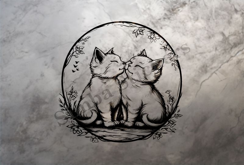Cats in love, in circle, outline art