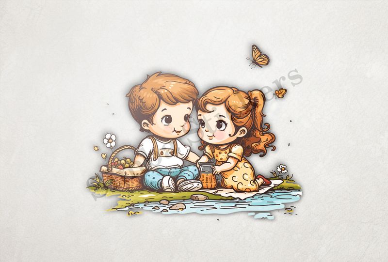 Boy and girl with a picnic basket by a pond