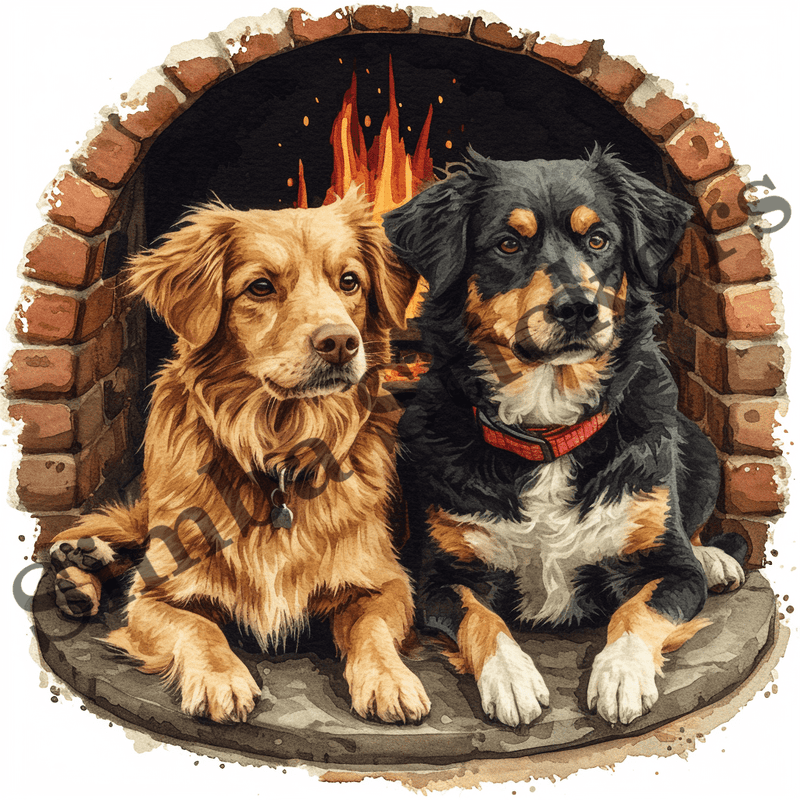 Dogs cuddling by fireplace, image set, 10 images