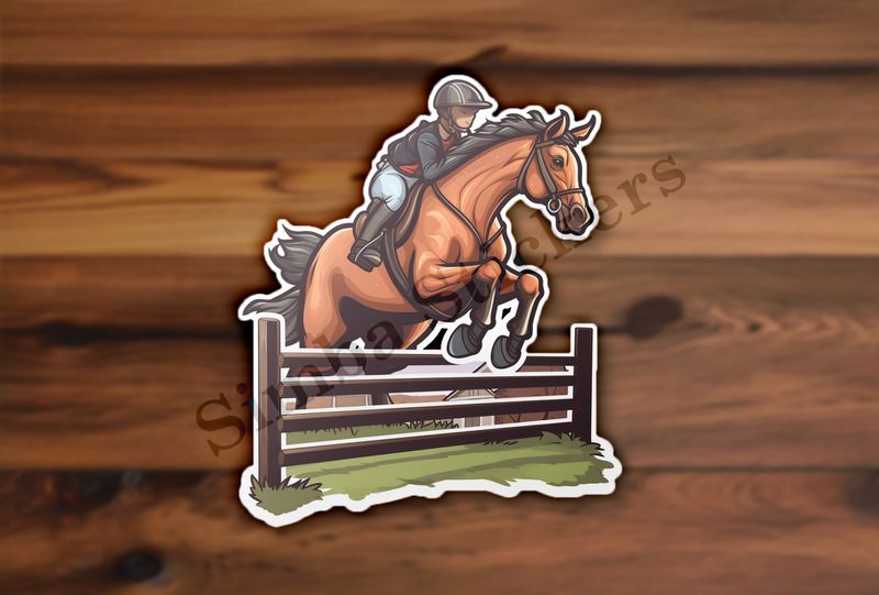 Brown horse with rider jumping over a fence