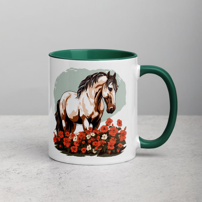 White Ceramic Mug with Color Inside, 11&amp;15oz, Brown horse in field of red flowers, n4w2fj