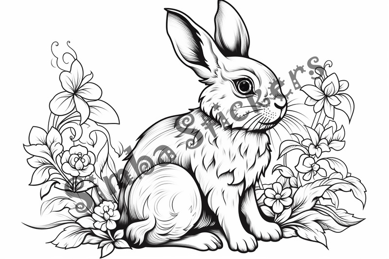 Colouring pages, bundle of rabbits in leaves or flowers, 10 images