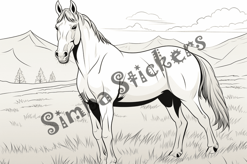 Colouring pages, bundle of horses on grass, 10 images