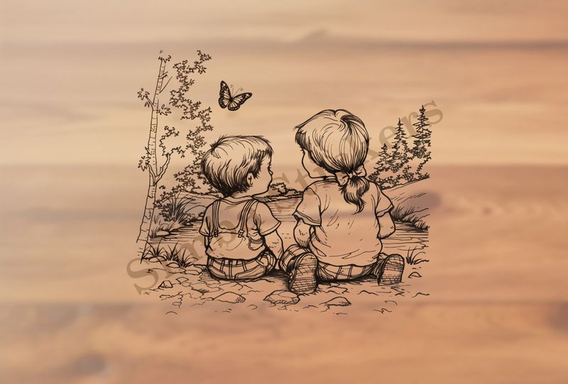 Boy and girl sitting at one end of a pond, outline art