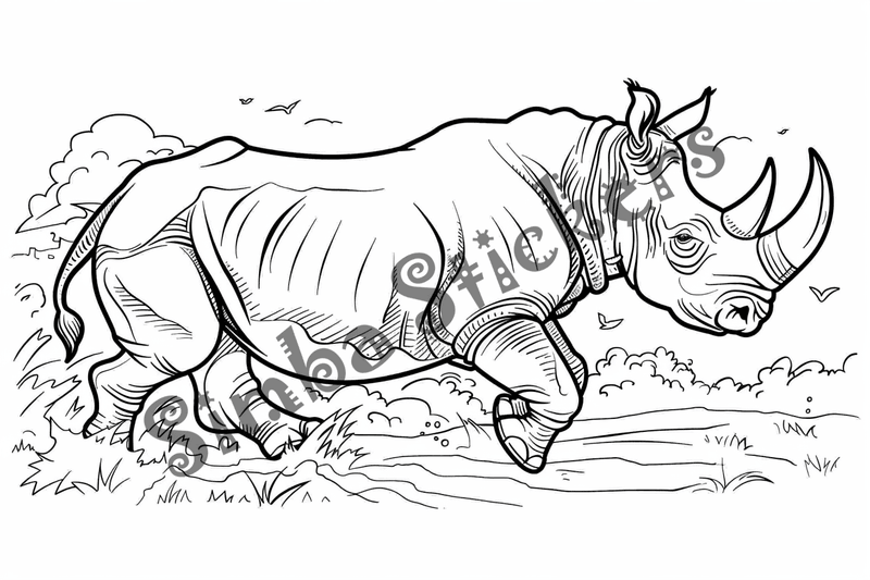 Colouring pages, bundle of rhinos running, 10 images