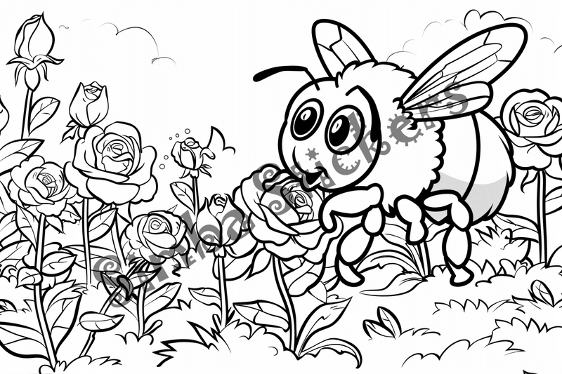 Colouring pages, bundle of bees around flowers, 10 images