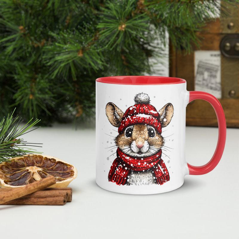White Ceramic Mug with Color Inside, 11&amp;15oz, Mouse wearing red winter hat and scarf in snow, xg8dl3