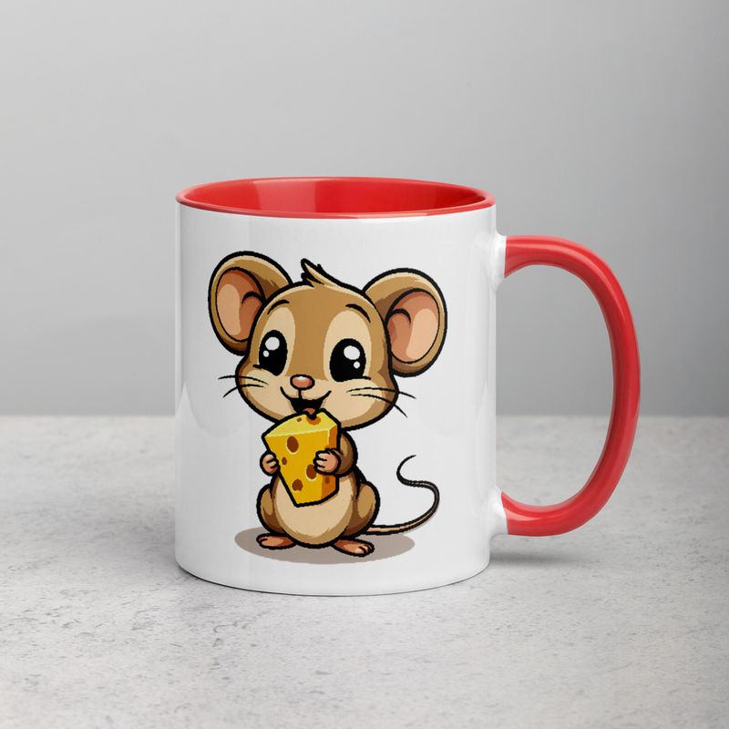White Ceramic Mug with Color Inside,11&amp;15oz,Small Mouse happily licking large chunk of cheese,pqapy6