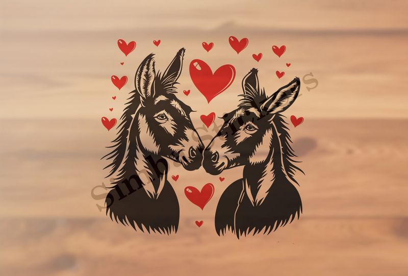 Donkeys in love, nose-to-nose,  red hearts, outline art