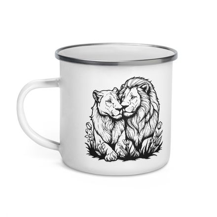 Enamel Mug, Male lion with lioness, outline art, u5voyg 