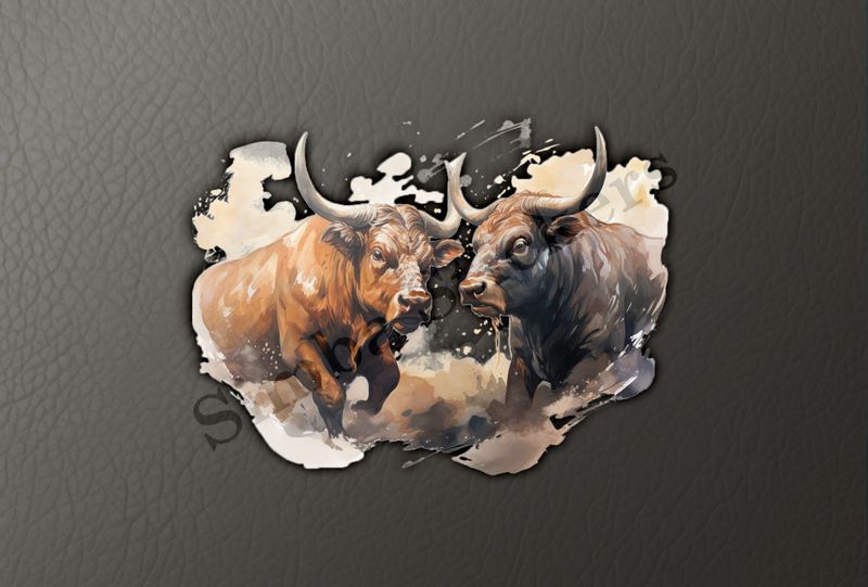 Bulls aggressively charging, watercolour