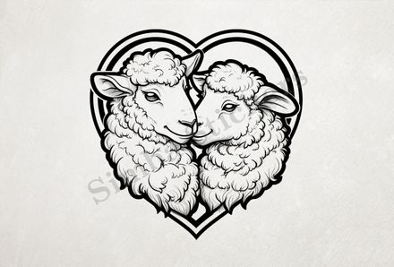 Sheep in love, in hear-shaped window, outline art