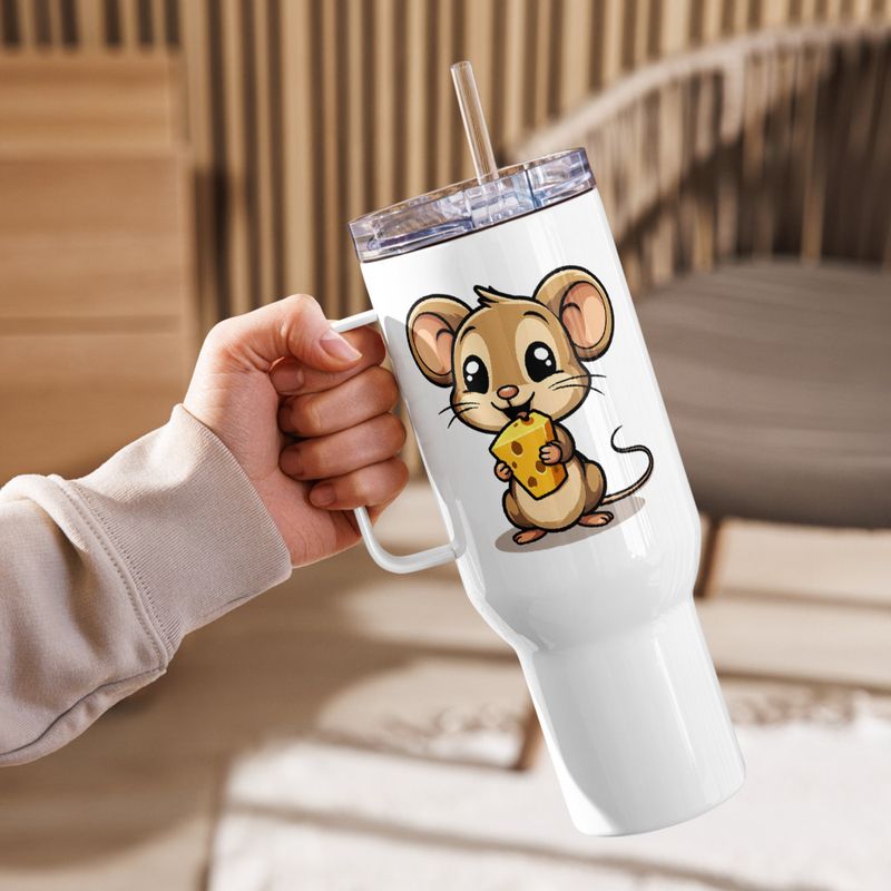 Travel Mug, Cattle, Small Mouse happily licking large chunk of cheese, pqapy6