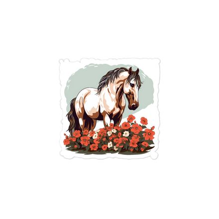 Sticker 3x3, Brown horse in field of red flowers, n4w2fj