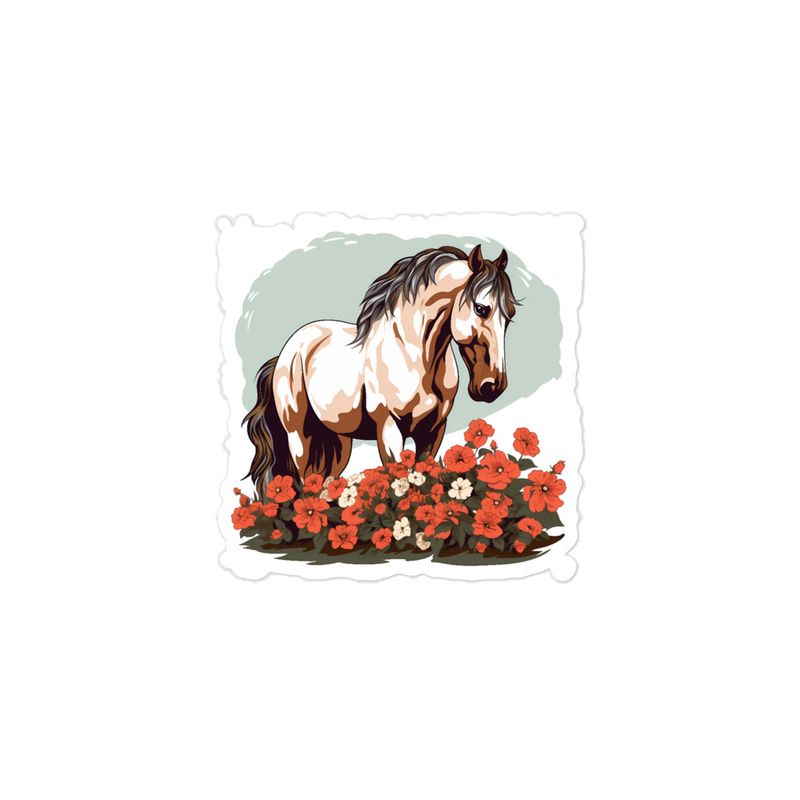 Sticker 3x3, Brown horse in field of red flowers, n4w2fj