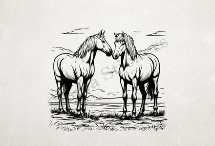 Horses in love, standing, outline art