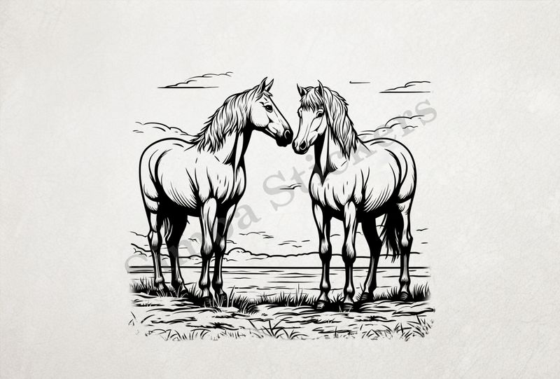 Horses in love, standing, outline art