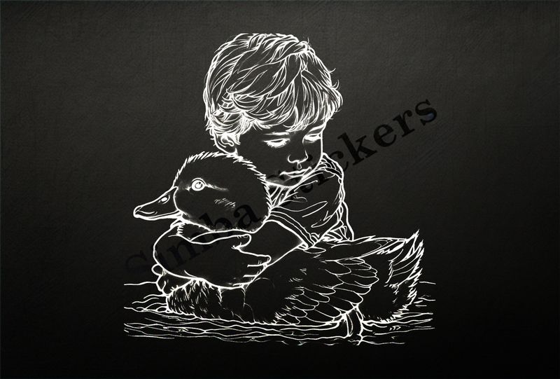 Duck hugged by small boy, outline art