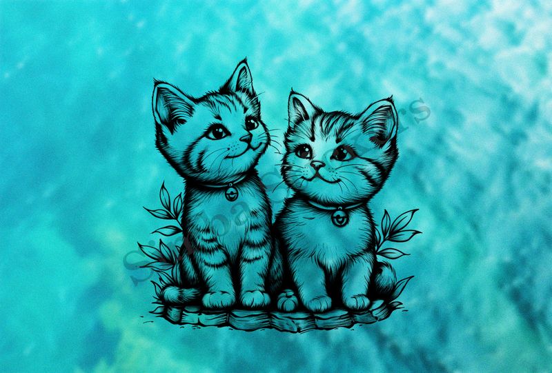 Romantic cat kittens, outline art