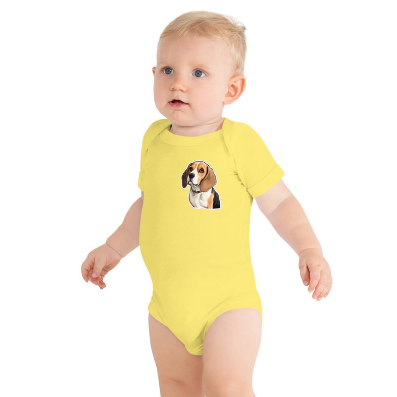 Baby Short Sleeve One Piece, 3-24 Months, Beagle dog with collar, left chest 