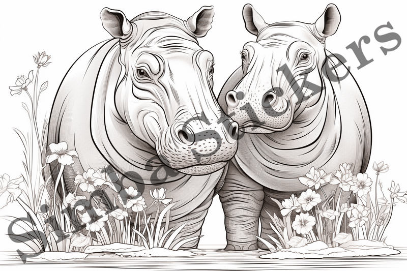 Colouring pages, Bundle of hippos in love, 10 images