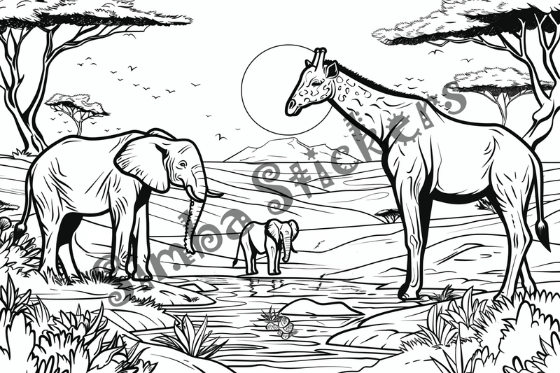 Colouring pages, bundle of African Savanna landscape, 25 images