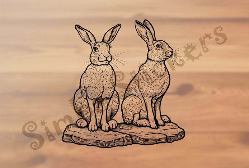 Hares standing on rocks, outline art