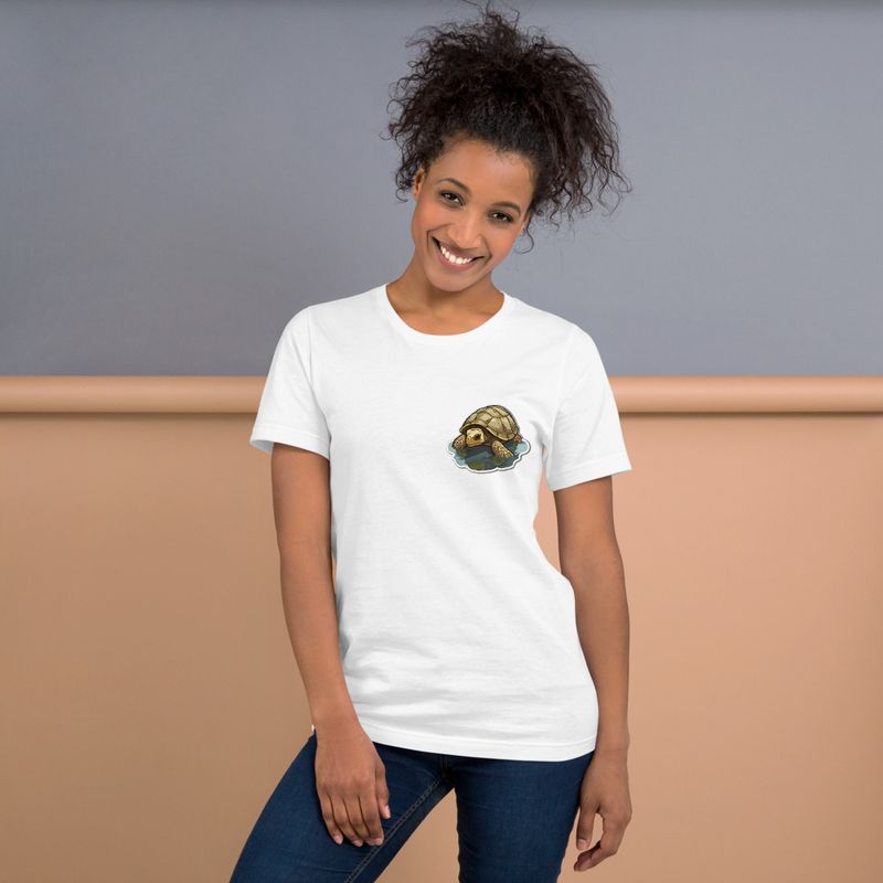 Unisex Staple T-Shirt, Tortoise in shallow water, left chest