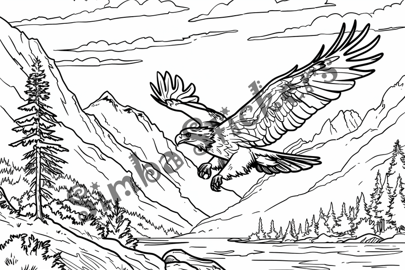 Colouring pages, bundle of eagles flying or in mountains, 10 images
