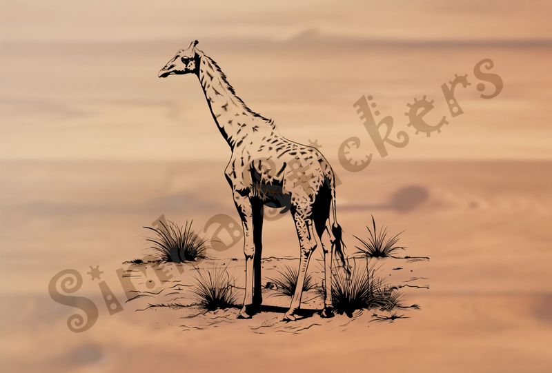 Giraffe standing in shrubs, outline art
