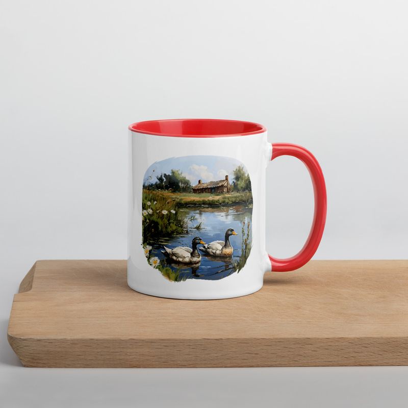 White Ceramic Mug with Color Inside, 11 &amp;15oz, Ducks in love swimming in farmhouse pond 