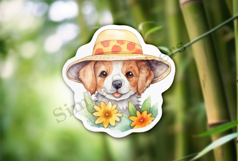 Dog in a hat, with flowers