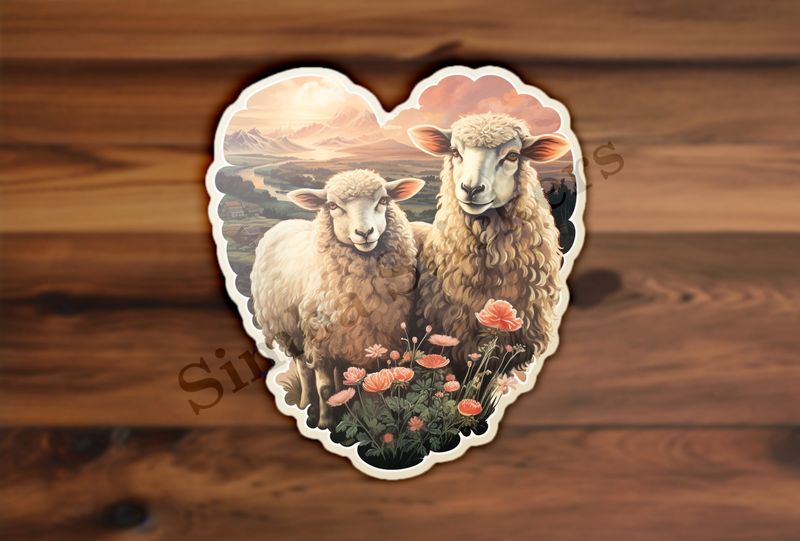 Sheep ewe and ram in love, picturesque background, vintage