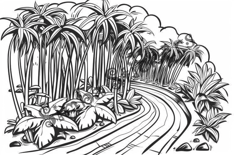 Colouring pages, bundle of Equatorial Rainforest landscape vegetation, 10 images