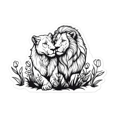 Sticker 5.5x5.5,  Male lion with lioness, outline art, kbdgyu 