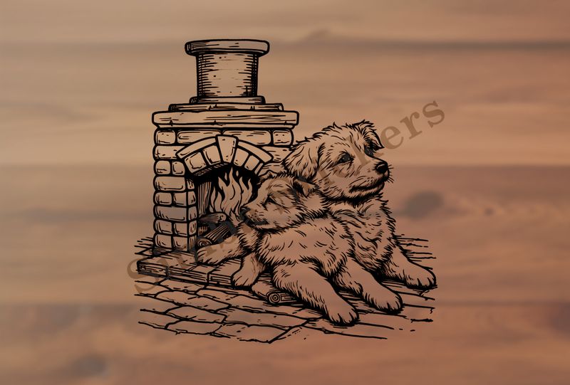 Dogs cuddling cosily by a fireplace,  outline art
