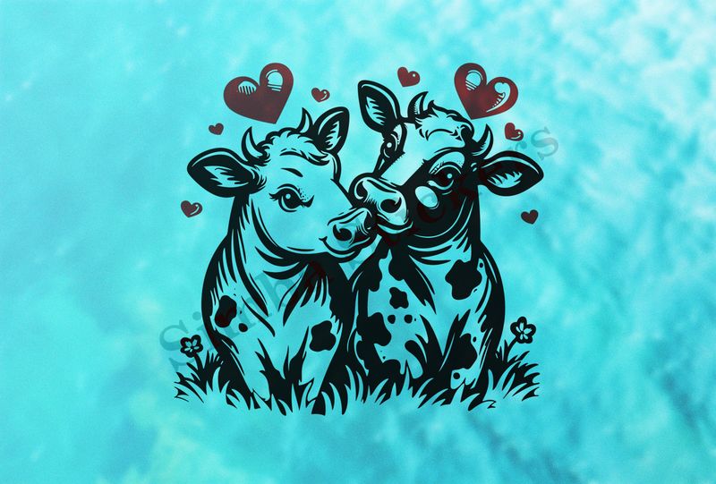 Bull and cow in love, hearts in picture, outline art