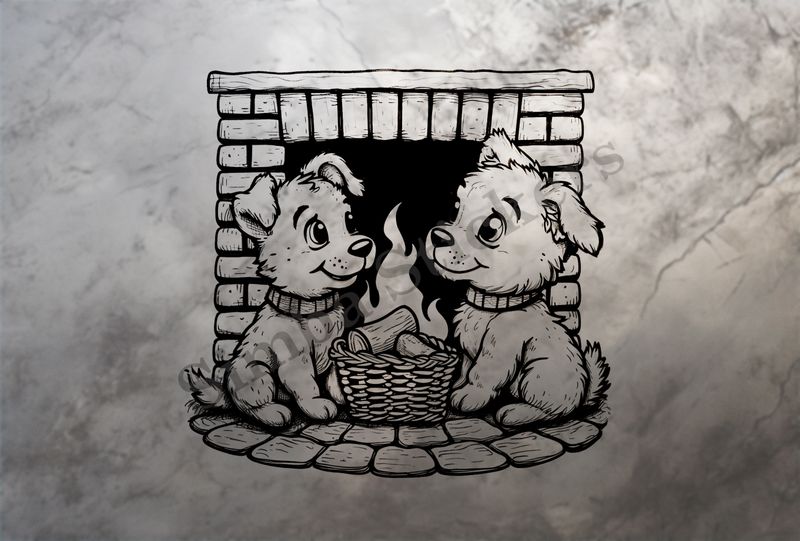Cute dogs in glasses by the fireplace, with a basket of wood, outline art