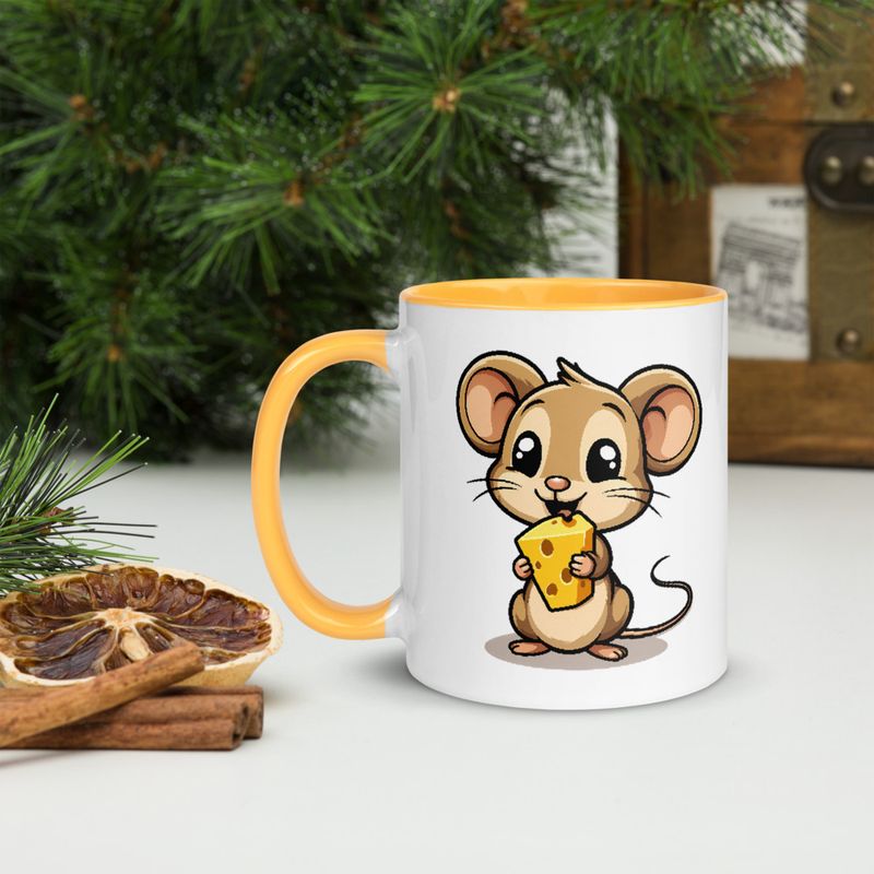 White Ceramic Mug with Color Inside,11&amp;15oz,Small Mouse happily licking large chunk of cheese,pqapy6