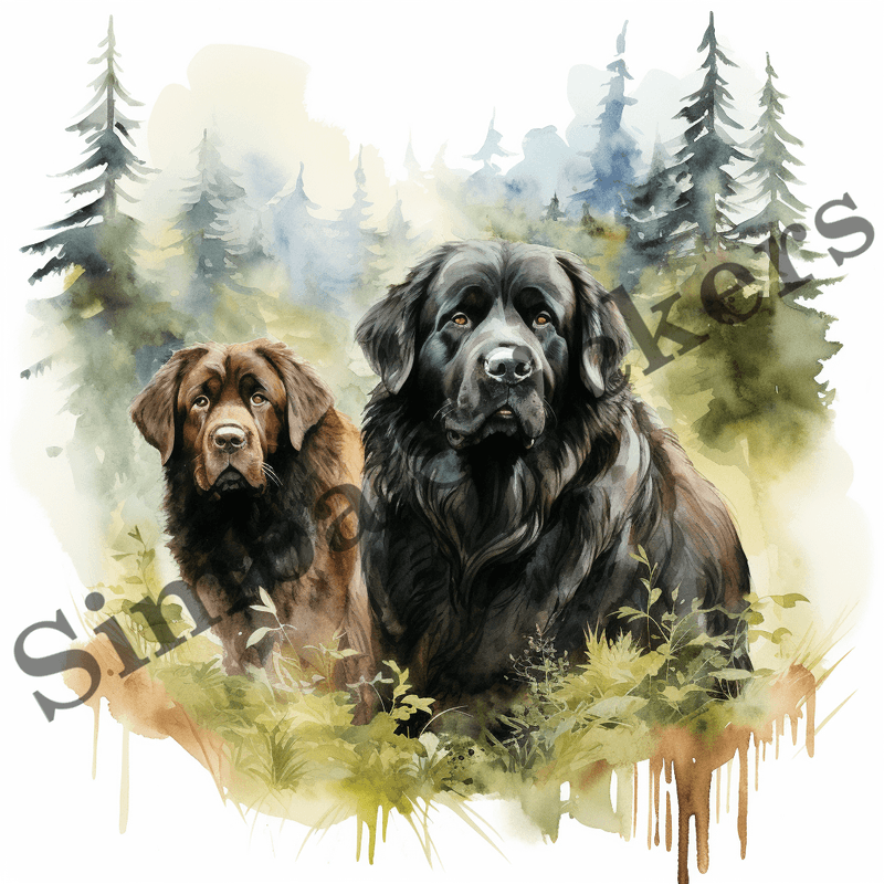 Newfoundland dogs, watercolour, image set, 10 images