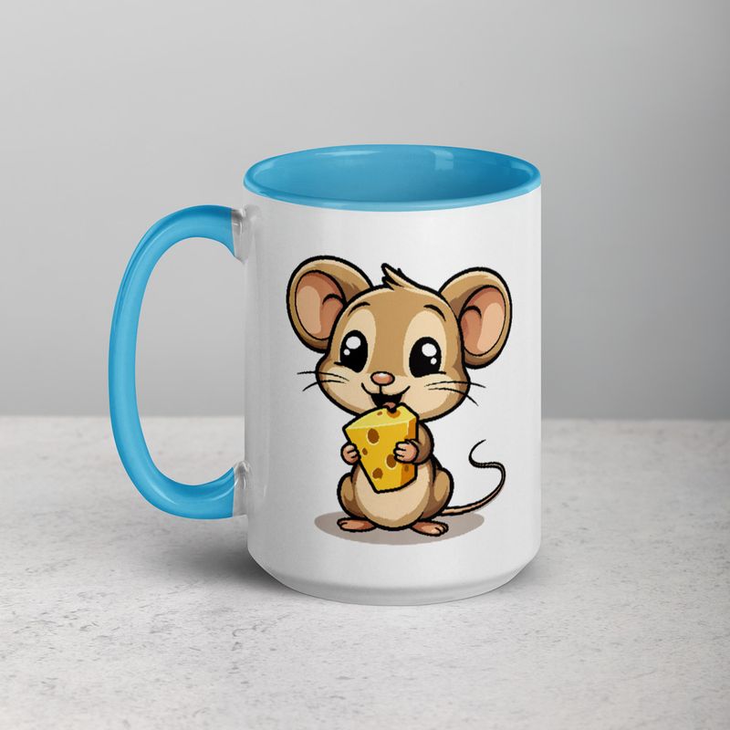 White Ceramic Mug with Color Inside,11&amp;15oz,Small Mouse happily licking large chunk of cheese,pqapy6
