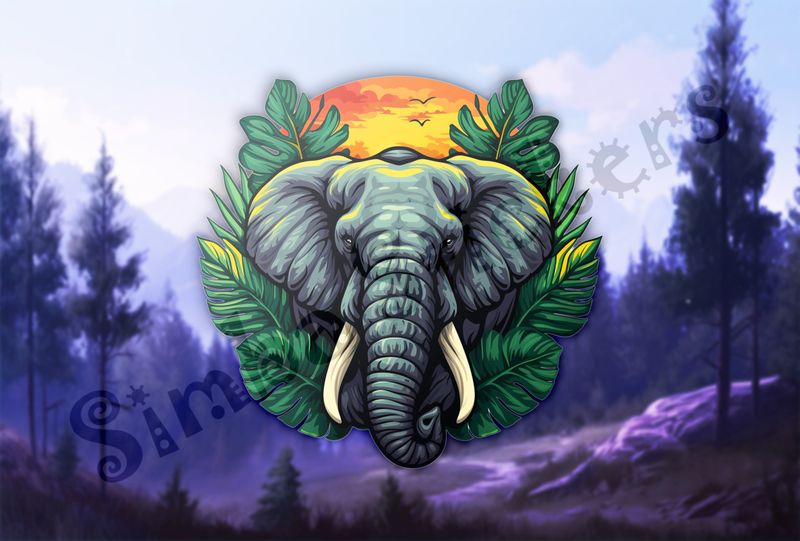 Elephant emerging from green leaves in front of golden sunset