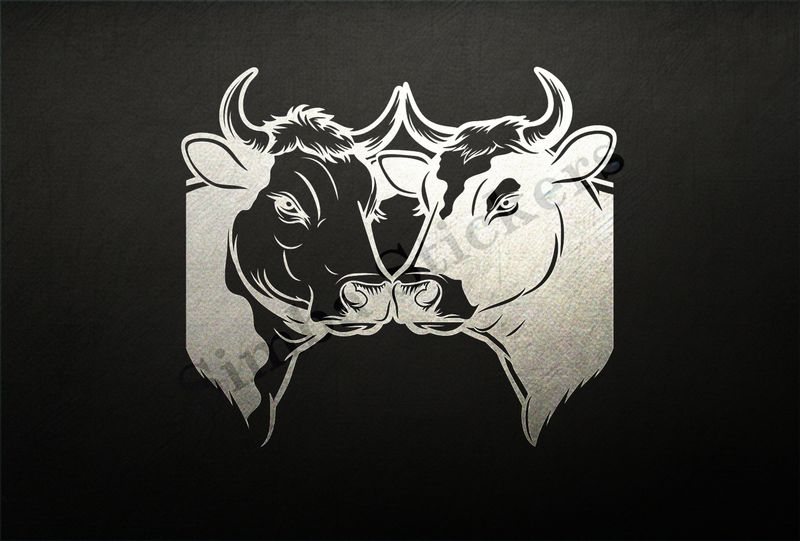 Bull and cow nose-to-nose , hearts floating above outline art