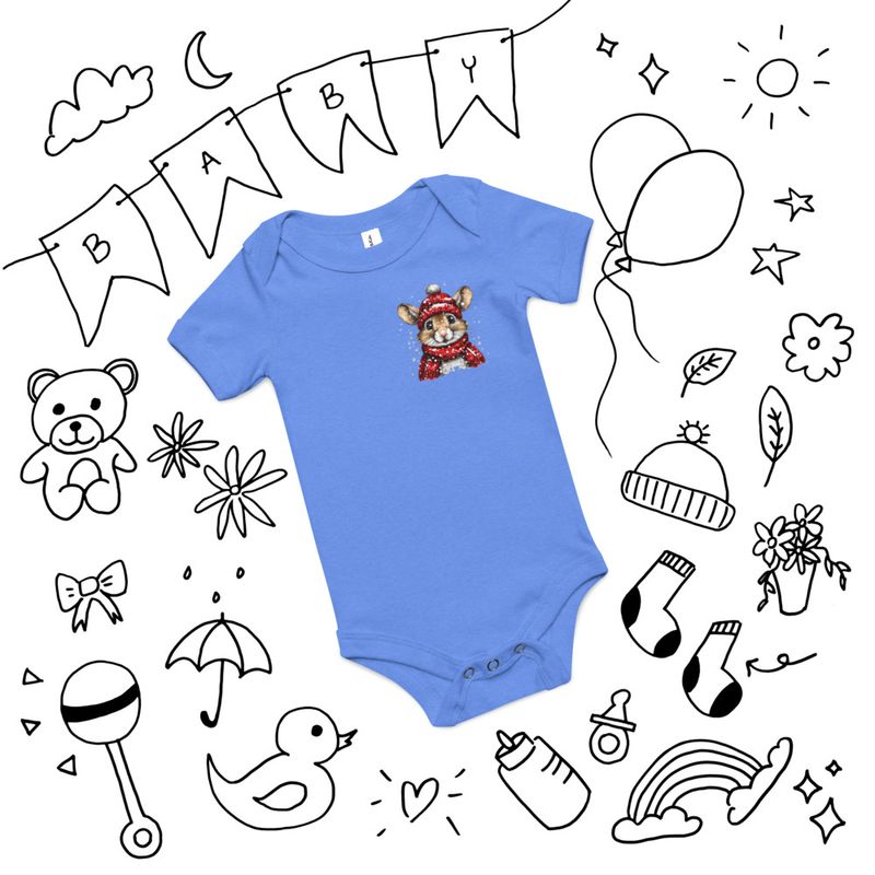 Baby Short Sleeve One Piece, 3-24 Months, Mouse wearing red winter hat and scarf, xg8dl3, left chest