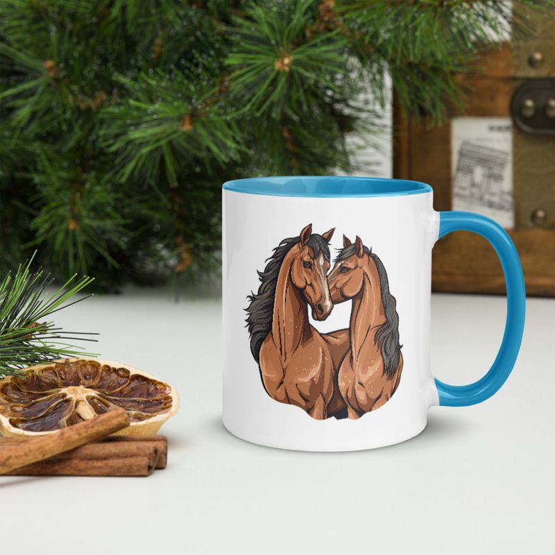 White Ceramic Mug with Color Inside, 11&amp;15oz, Two brown horses snuggling, tdwcyd
